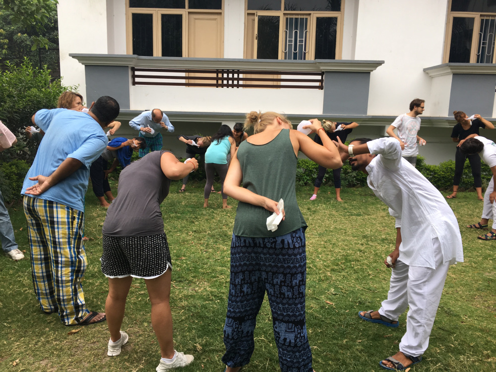 Outdoor Yoga Session with Group Participation A group of people participating in an outdoor laughter yoga session on a grassy lawn