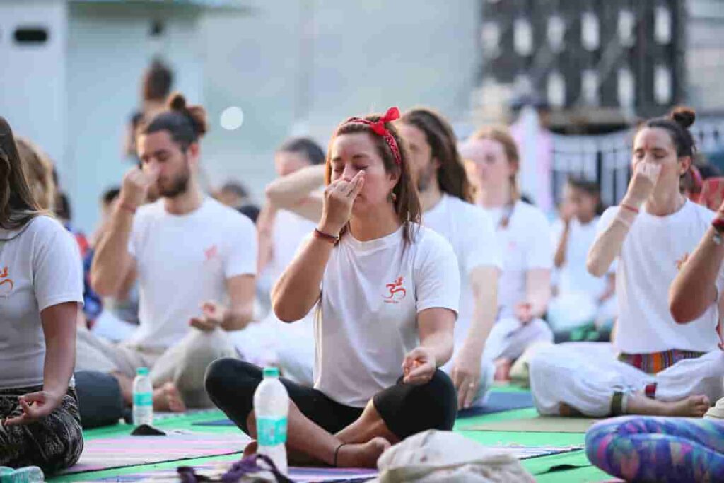 Yoga Students Practicing Pranayama at Rishikul Yogshala in Rishikesh Yoga Students Practicing Pranayama at Rishikul Yogshala in Rishikesh