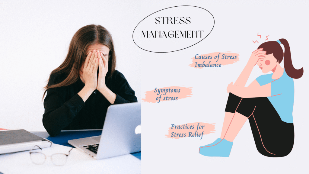 Woman stressed at work with stress management symptoms illustrated beside her