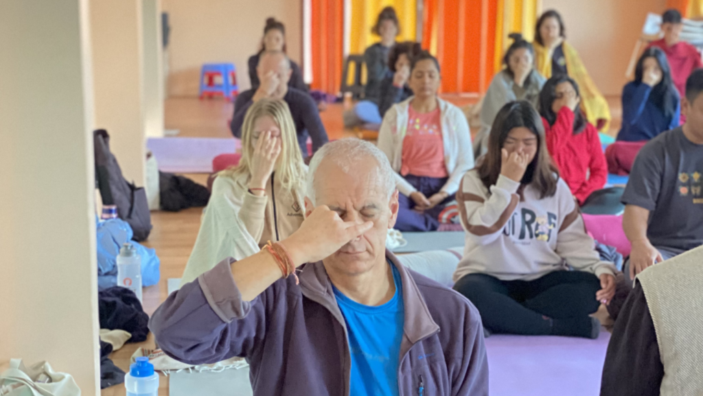 Students performing Anulom Vilom – Hatha Yoga practice Students performing Anulom Vilom – Hatha Yoga practice