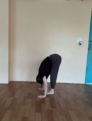 Surya Namaskar: The 12 Poses of Sun Salutation, Step by Step 3 Student Practicing Hasta Padasana (Standing Forward Fold / Hand-to-Foot Pose) During the 12 Poses of Sun Salutation