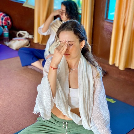 Student Practicing Nadi Shodhana (Alternate Nostril Breathing) During Yoga TTC
