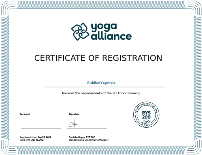 Yoga Alliance RYS 200 certificate — Rishikul Yogshala Rishikesh