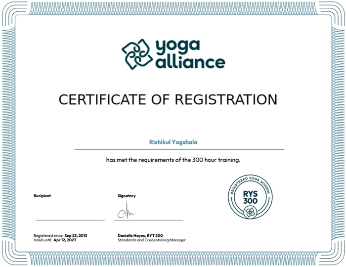 Yoga Alliance RYS 300 certificate — Rishikul Yogshala Rishikesh