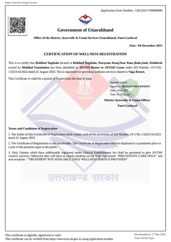 Certificate of Wellness Registration — Rishikul Yogshala Rishikesh
