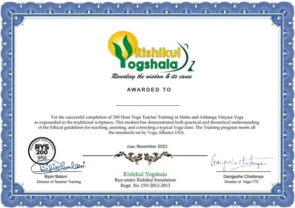 Image du certificat YTTC de 200 heures