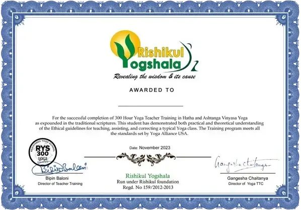 300 Hour YTTC Certificate from Rishikul Yogshala Rishikesh